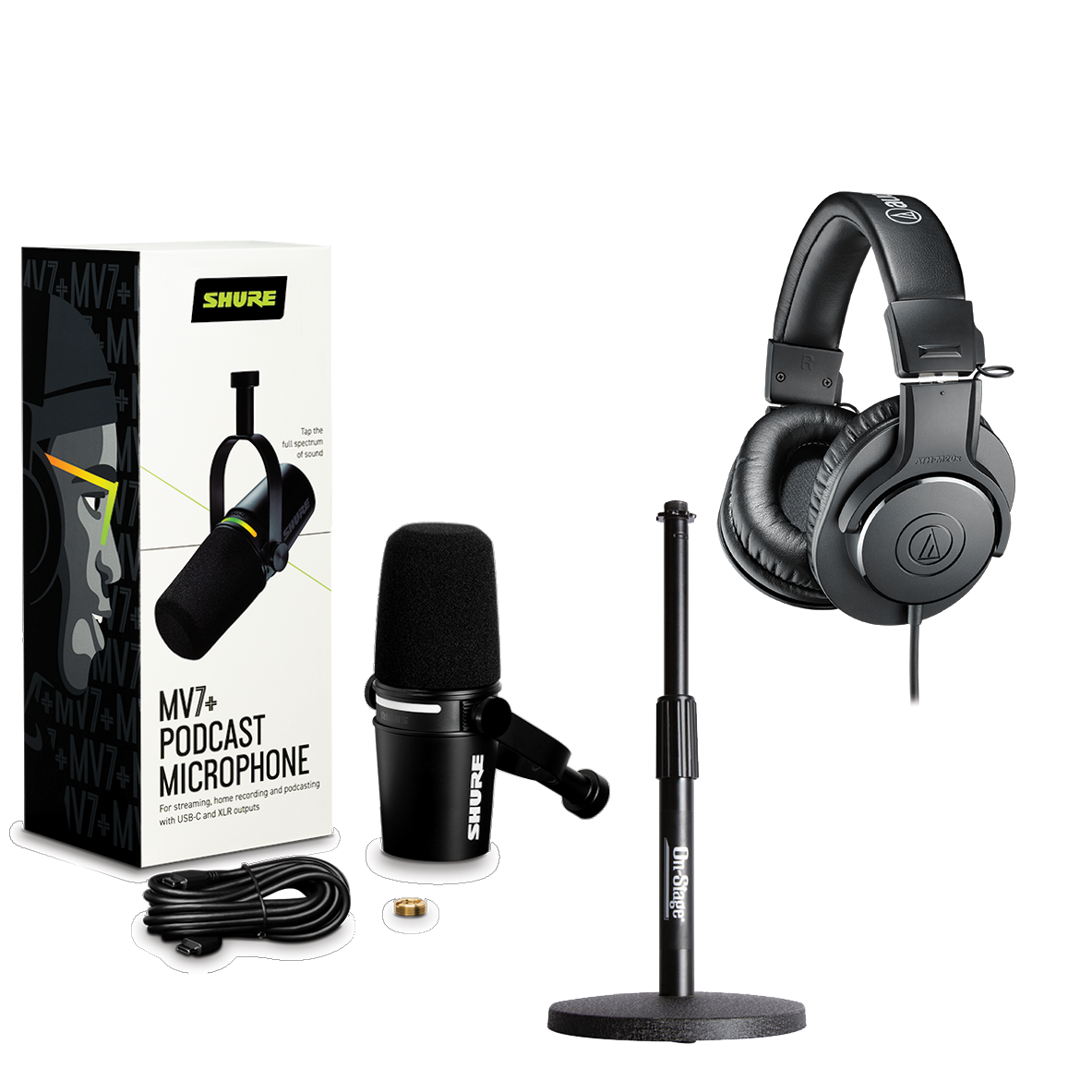 Shure MV7+-K Desktop Podcasting Bundle w/Over Ear Headphones - Black