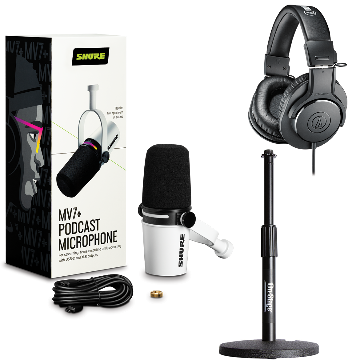 Shure MV7+-W Desktop Podcasting Bundle w/Over Ear Headphones - White