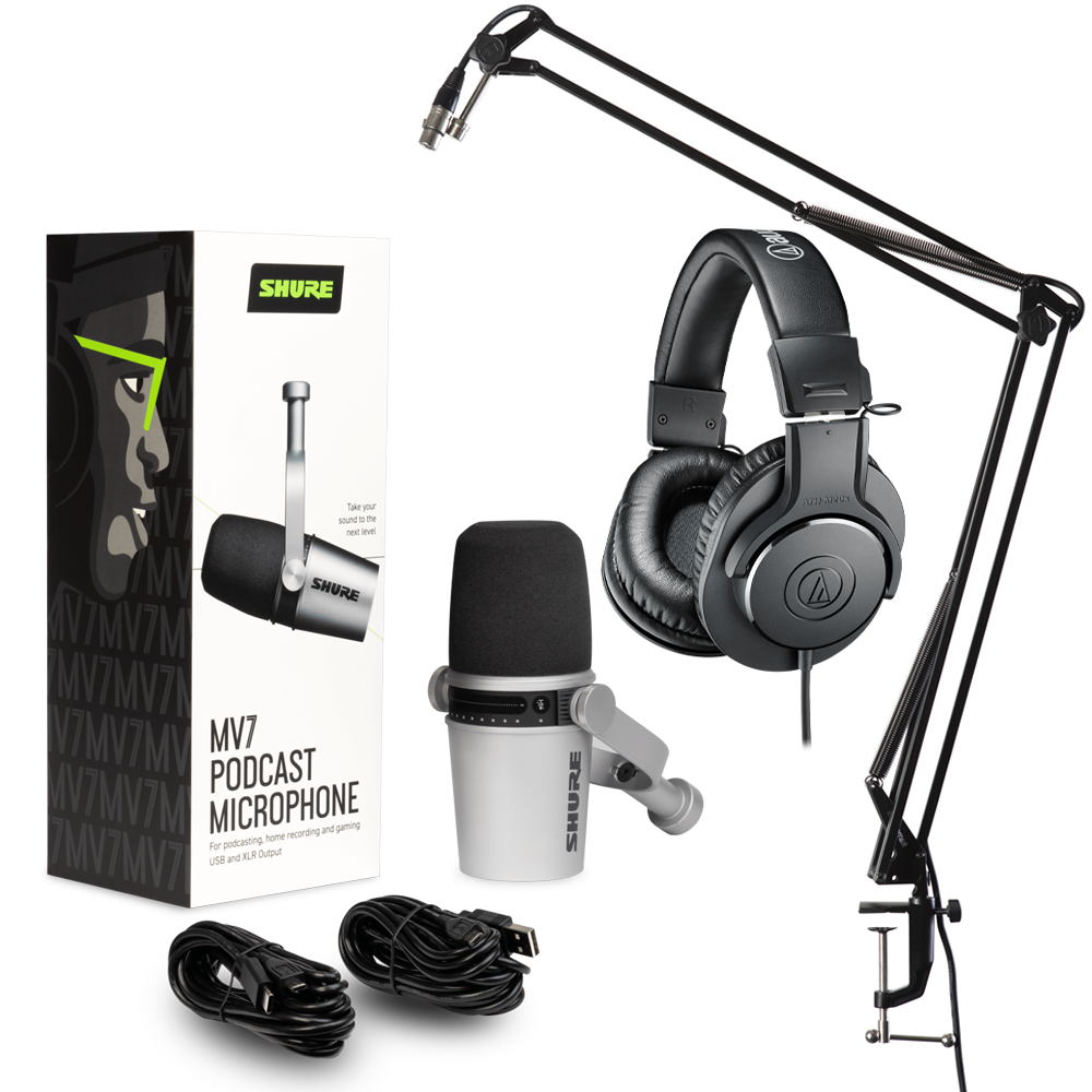 Shure MV7+-W Podcasting Bundle with Boom Arm and Headphones - White