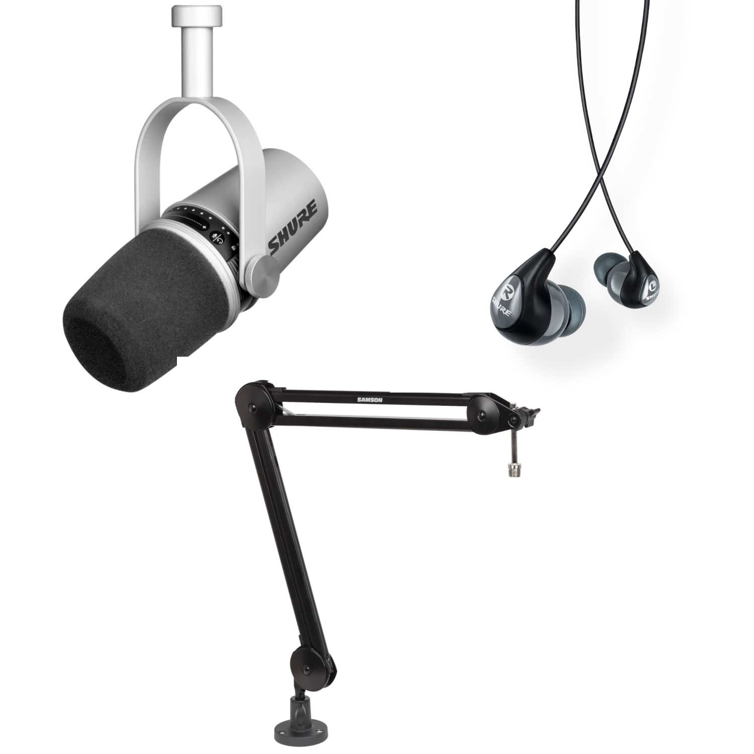 Shure MV7S Podcasting Bundle with Boom Arm and Earbuds - Silver
