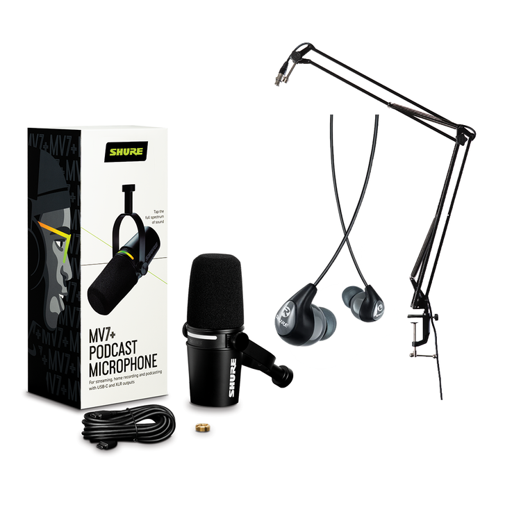 Shure MV7+-K Podcasting Bundle with Boom Arm and Earbuds - Black